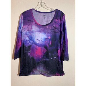 Halloween Cat Graphic Tee Creepy Bats Y2K Purple Size Large (12/14)